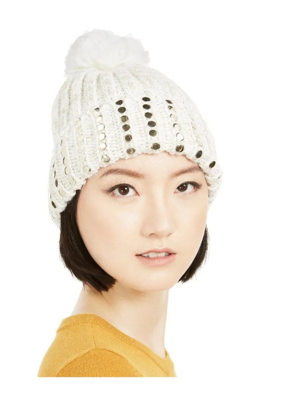 DKNY Flat-Stud Metallic Rib-Knit Scarf and Beanie Combo  Ivory/Gold